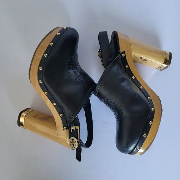 Tory Burch Brayden Perforated Leather Logo Slingback Wood Clogs. Size 7.5M - Picture 3 of 11